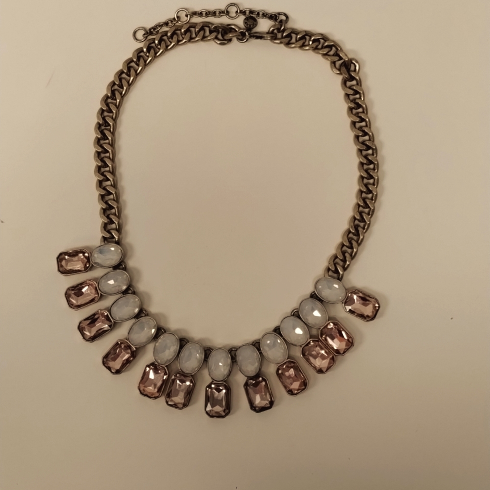 J Crew, Necklace, 16 inch, pink and white faceted iridescent stones, Gold Tone